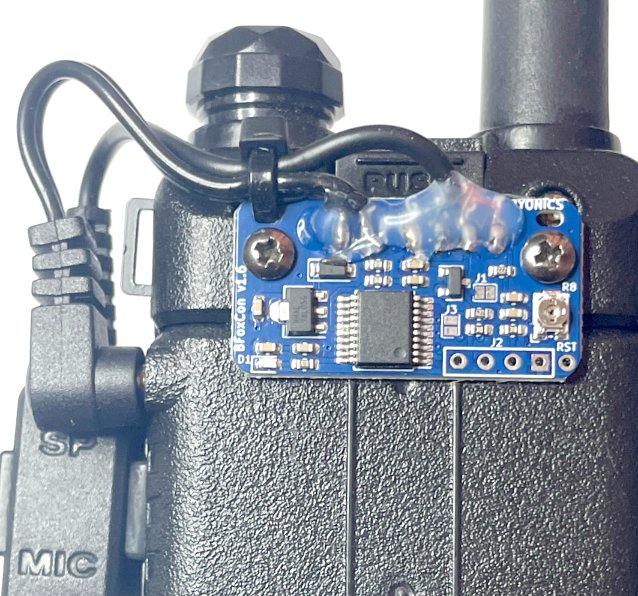 BFoxCon assembled on the back of a UV-5R, plugged into the SP/MIC jack