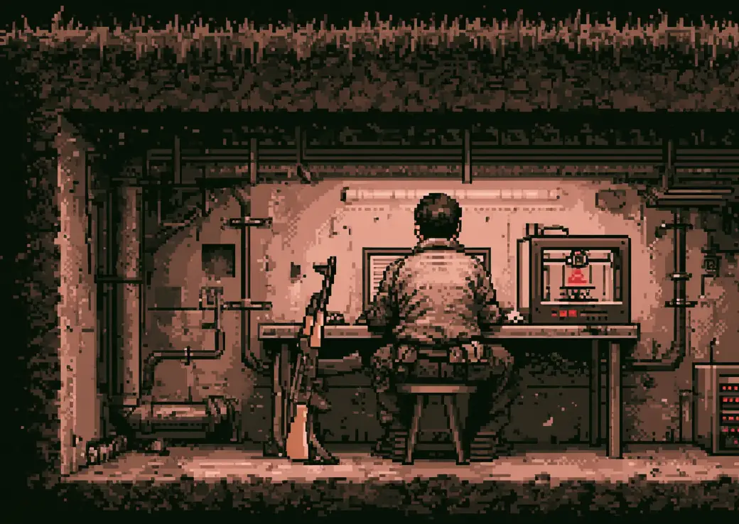 Pixel art of a man at a workbench in a bunker, a 3D printer beside him.
