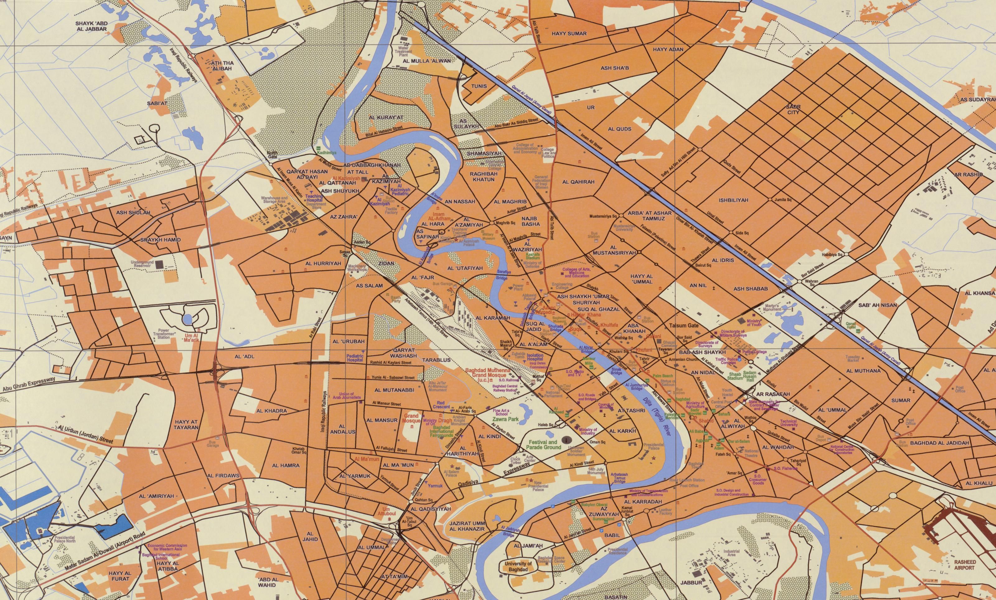 Baghdad city map, National Geospatial-Intelligence Agency, February 2006: the Tigris through the center, with Adhamiya, Sadr City and Ameriyah circled