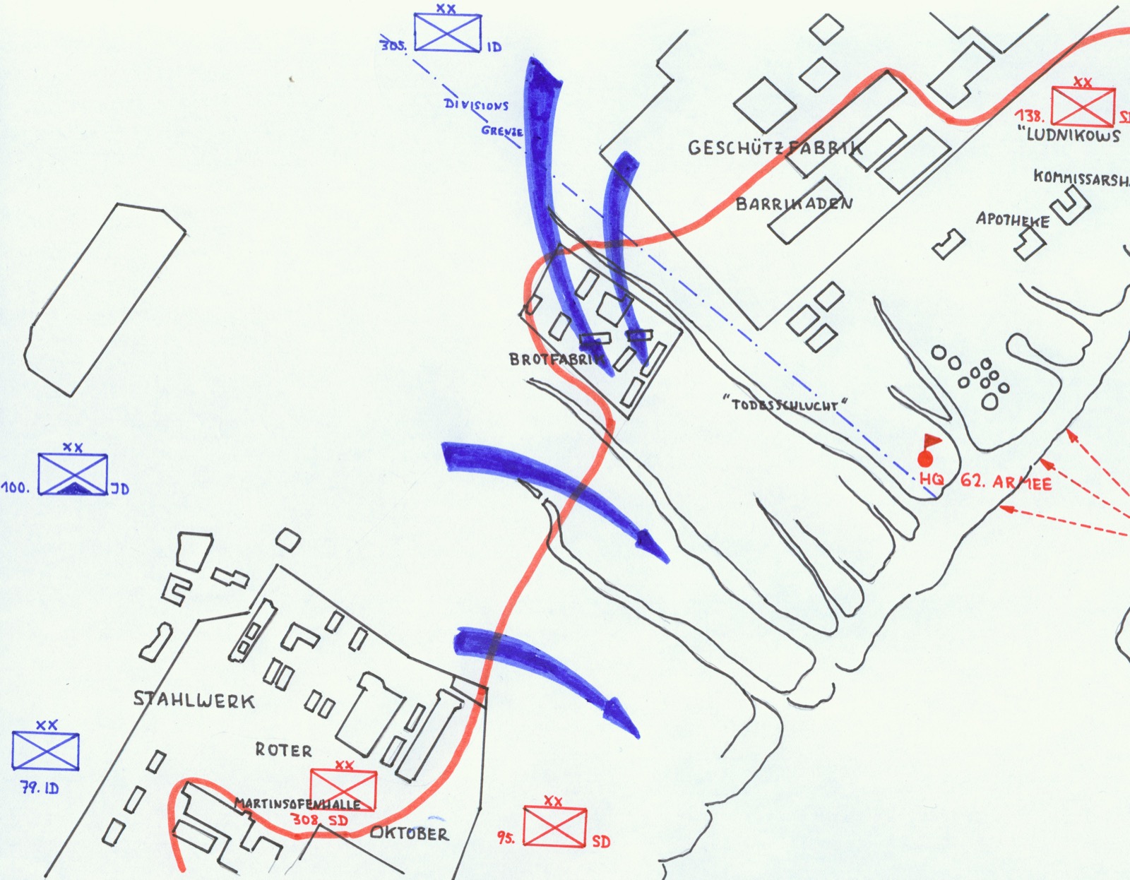 Tactical map of the Stalingrad factory district, November 1942, showing the compressed Soviet front along the Volga