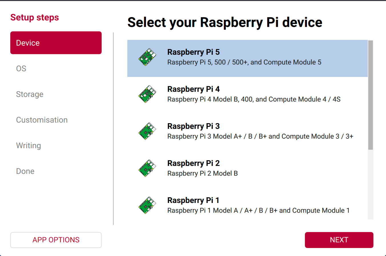 Raspberry Pi Imager device screen with Raspberry Pi 5 selected