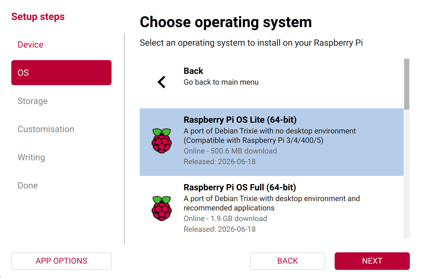 Raspberry Pi Imager OS screen with Raspberry Pi OS Lite 64-bit selected