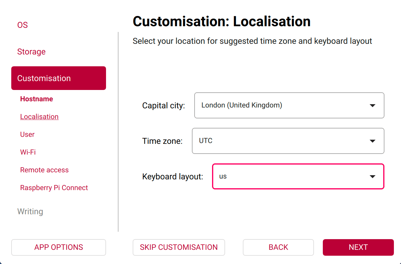 Imager localisation screen with time zone and keyboard layout