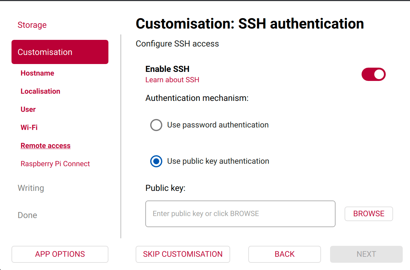 Imager SSH authentication screen with public key authentication selected
