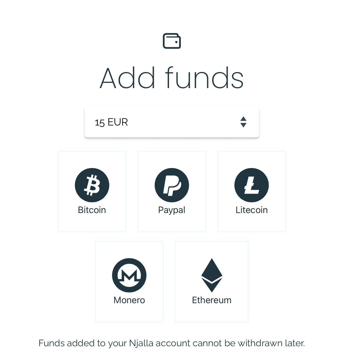 Njalla add funds page listing Bitcoin, PayPal, Litecoin, Monero, and Ethereum