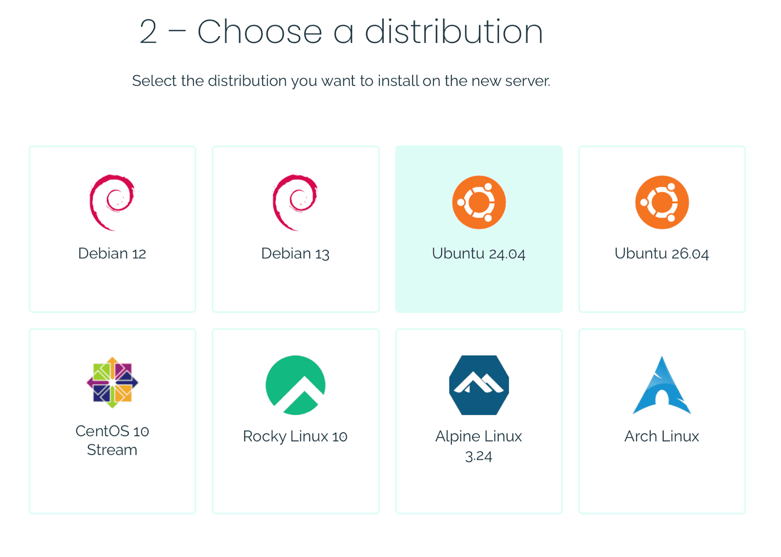 Njalla distribution picker with Ubuntu 24.04 selected
