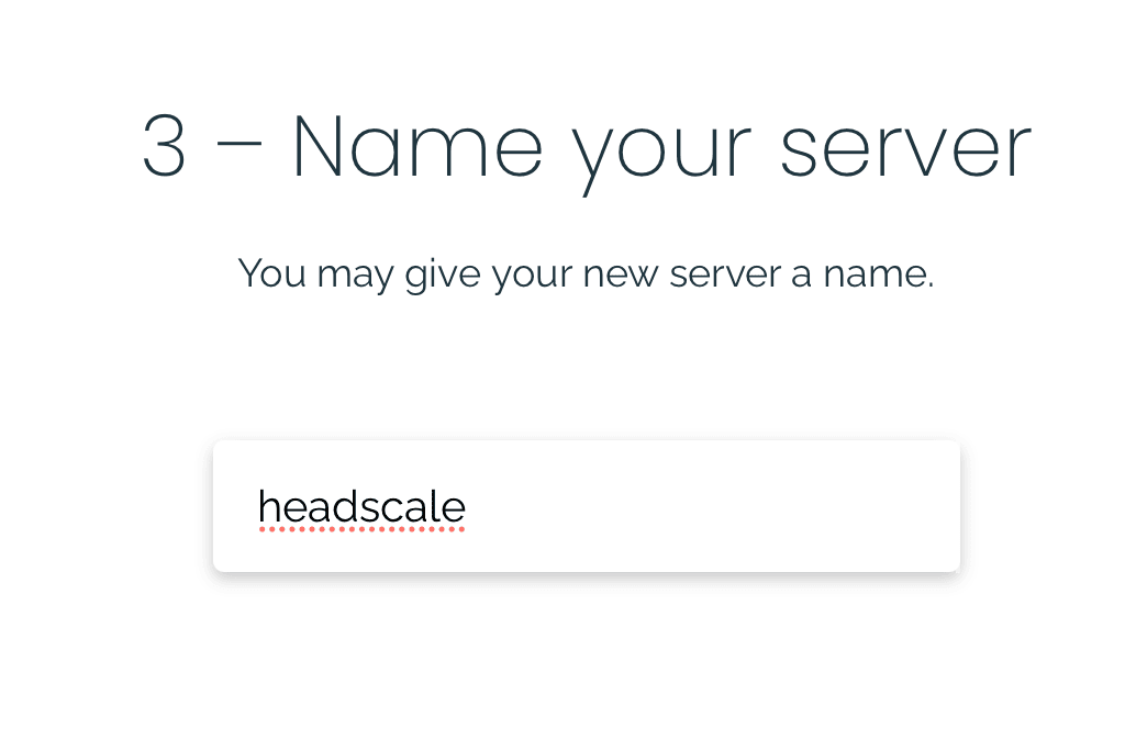 Njalla server naming step with the name headscale entered
