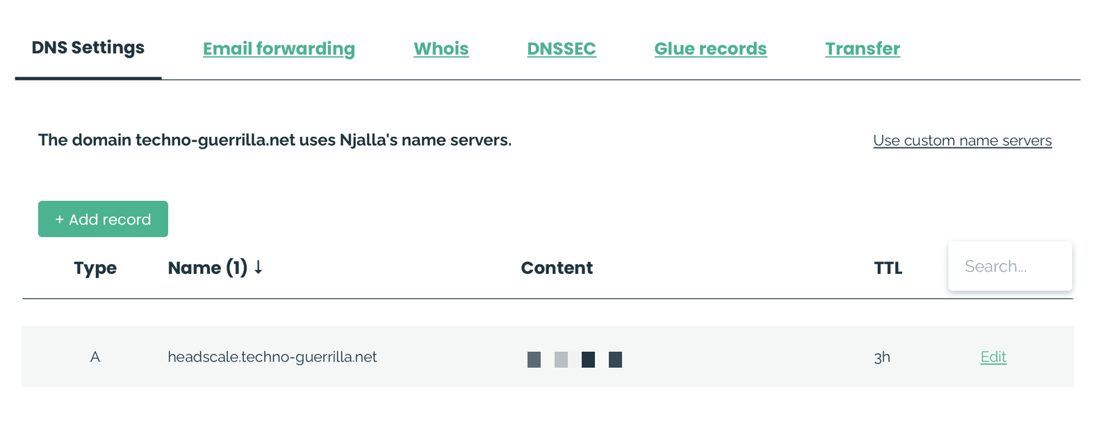 Njalla DNS settings with an A record pointing headscale subdomain at the VPS IP