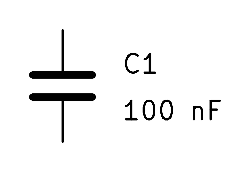 KiCad symbol for a non-polarized capacitor: two straight parallel plates, labeled C1, 100 nanofarads