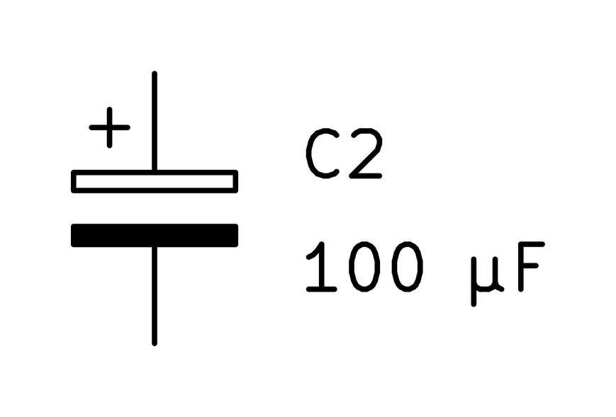 KiCad symbol for a polarized capacitor: one open plate and one filled plate, with a plus sign marking the positive lead, labeled C2, 100 microfarads