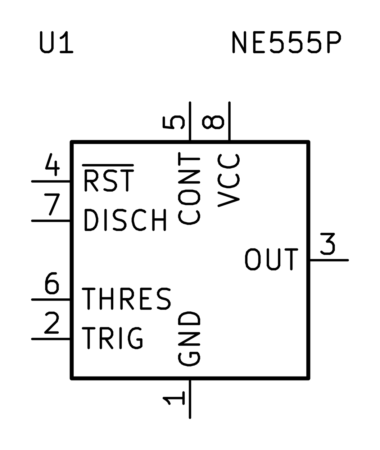 KiCad schematic symbol for an integrated circuit: a box with eight numbered pins labeled with their functions, for an NE555 timer