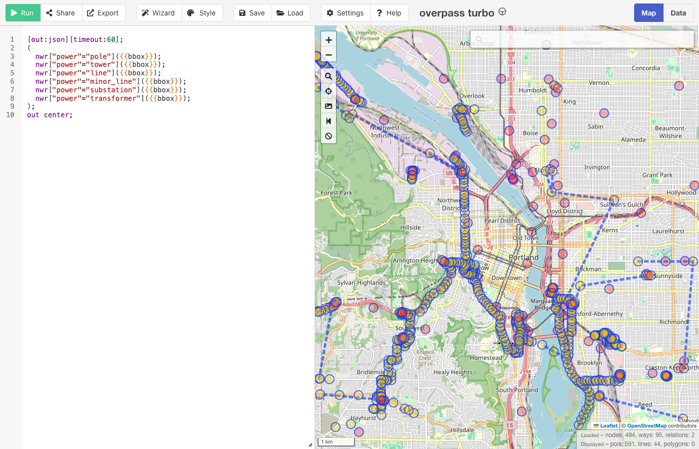 The Overpass Turbo website: the power query in the editor on the left, and on the right a map of Portland, Oregon with the mapped power infrastructure plotted, transmission corridors reading as strings of tower and pole markers running across the city