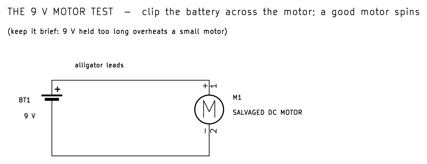 KiCad schematic of the 9 volt motor test: a 9 volt battery clipped across a salvaged DC motor with alligator leads