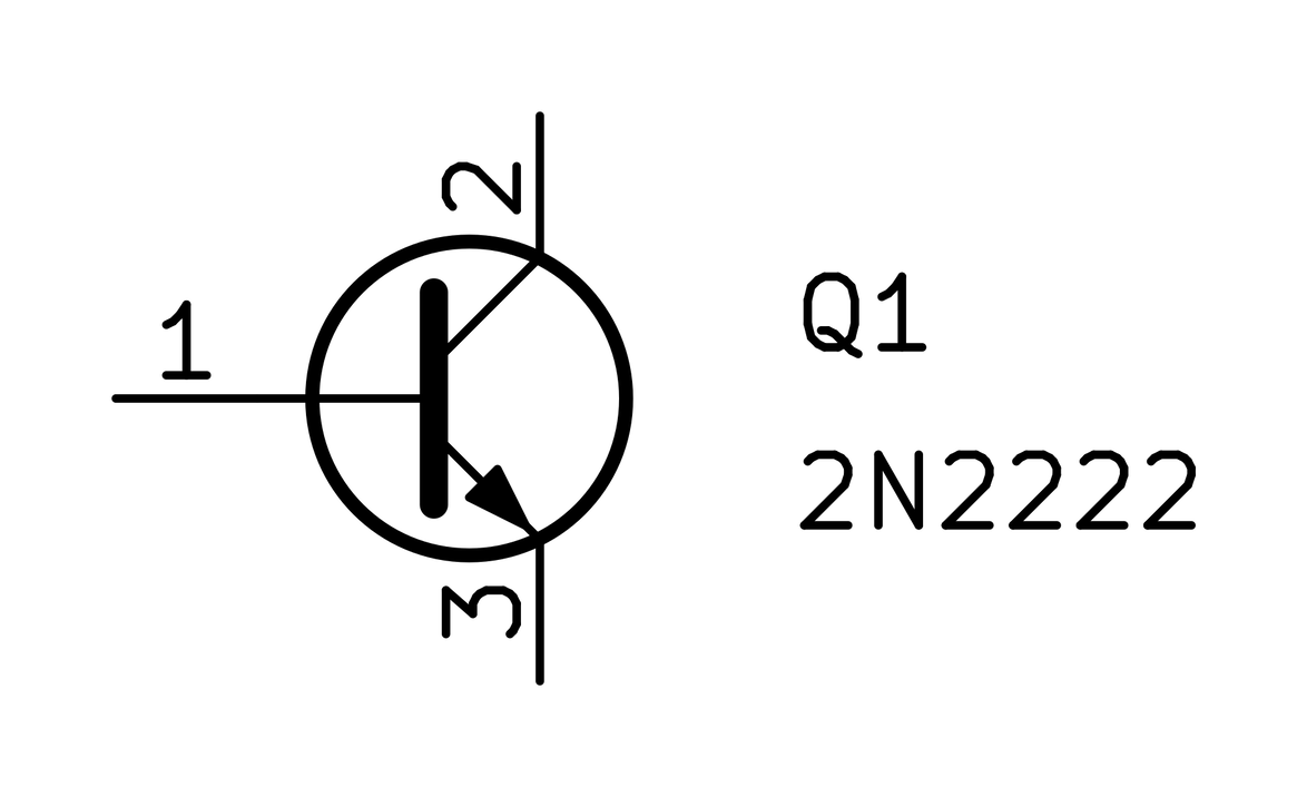 KiCad symbol for an NPN bipolar transistor, labeled Q1, 2N2222, with base, collector, and emitter