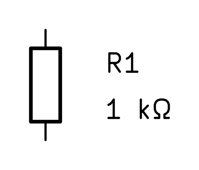 KiCad schematic symbol for a resistor: a rectangle with a lead at each end, labeled R1, 1 kilohm