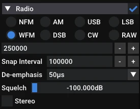 The SDR++ radio panel: a row of mode buttons for NFM, AM, USB, LSB, WFM, DSB, CW and RAW with WFM selected, above the filter width box, snap interval, de-emphasis and squelch controls.