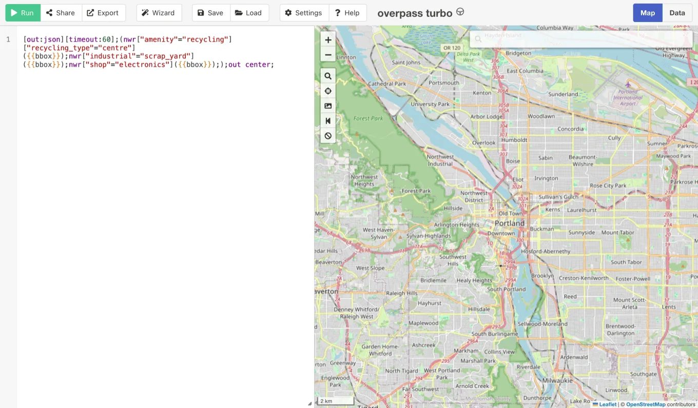 The Overpass Turbo website with the salvage query typed into the editor on the left and a map of Portland on the right, before the query is run