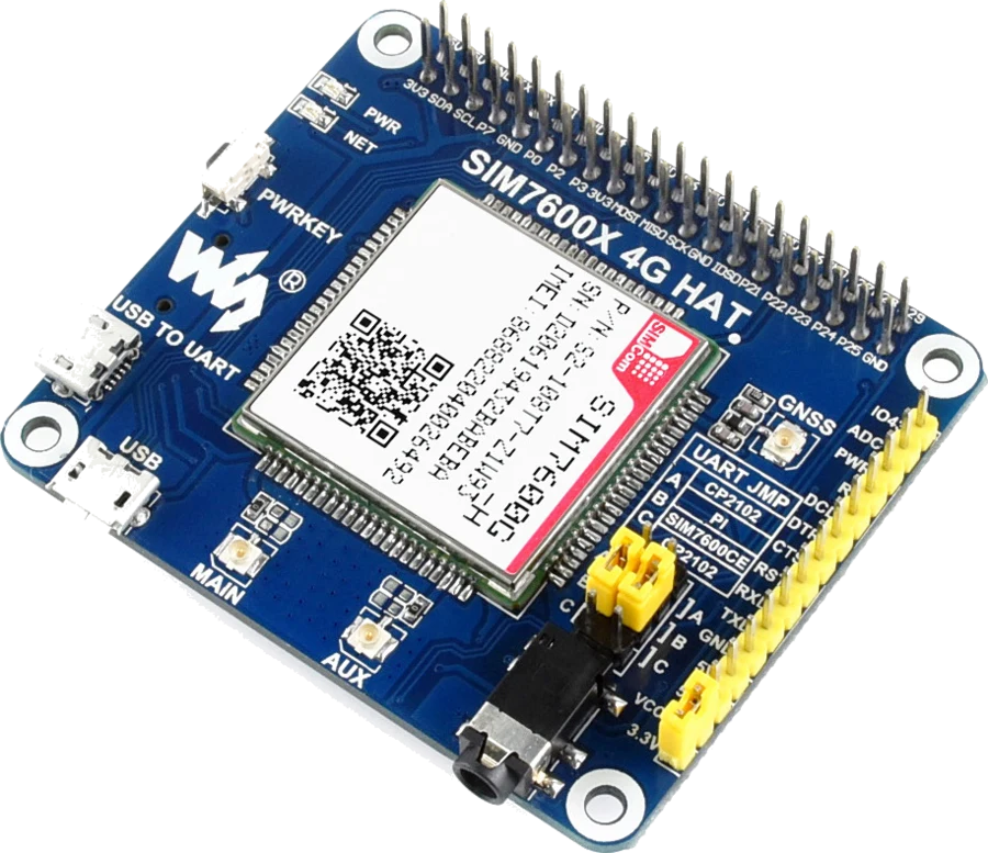 Waveshare SIM7600X 4G HAT carrying the SIM7600G-H module, with LTE and GNSS antenna connectors and the 40-pin header